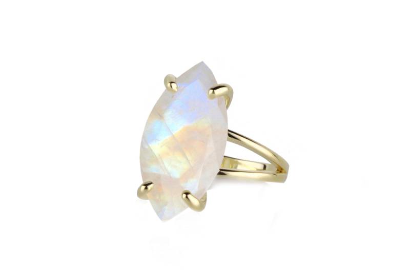 Regenbogen Mondstein Ring Gold Cocktailring 14K Goldring Solid Juni Birthstone Marquise In von AnemoneJewelry