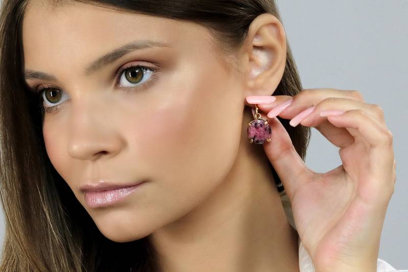 Rosa Rhodonit Baumeln Ohrringe Gold Statement 14K Solid Edelstein Halbedelstein von AnemoneJewelry