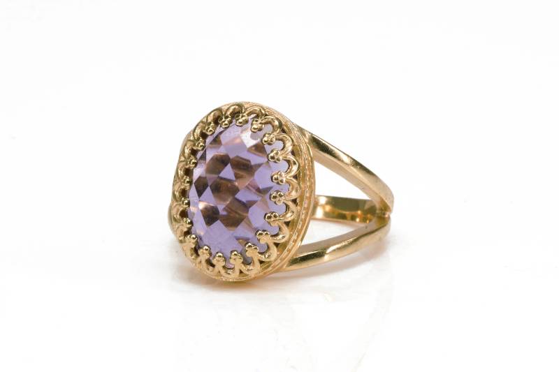 Rose Gold Ring Amethyst Doppelband Oval Edelstein Checkercut Facettierten Stein von AnemoneJewelry