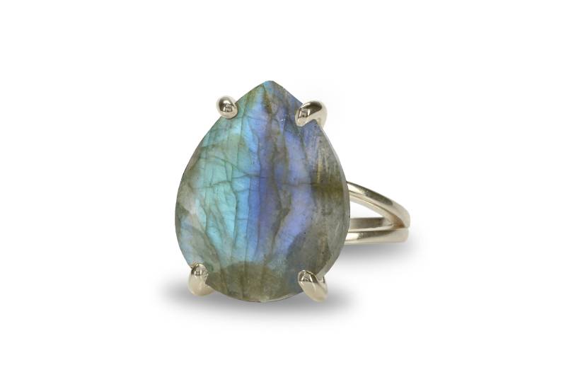 Silber Teardrop Ring Labradorit Silberring Birnring Anfertigen Edelstein-Ring Feuer Drop von AnemoneJewelry