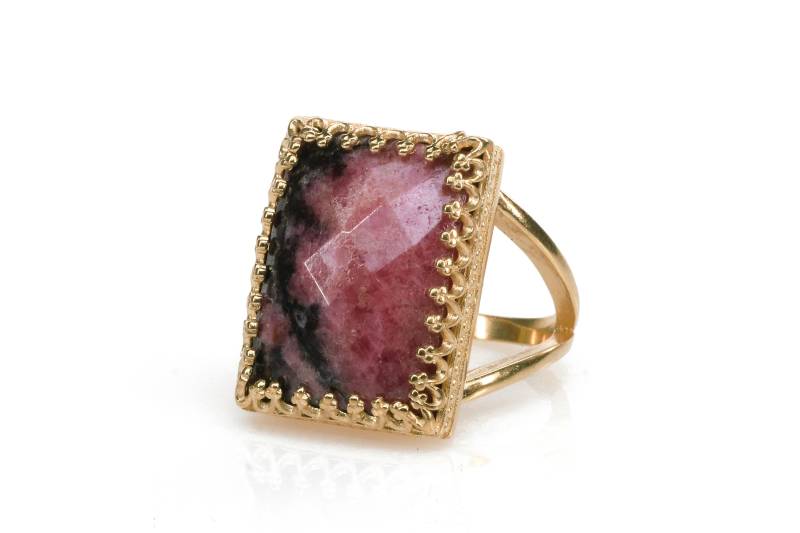 statement Ring Rhodonit Rechteck Rose Gold Edelstein Wow Dunkel Rosa von AnemoneJewelry