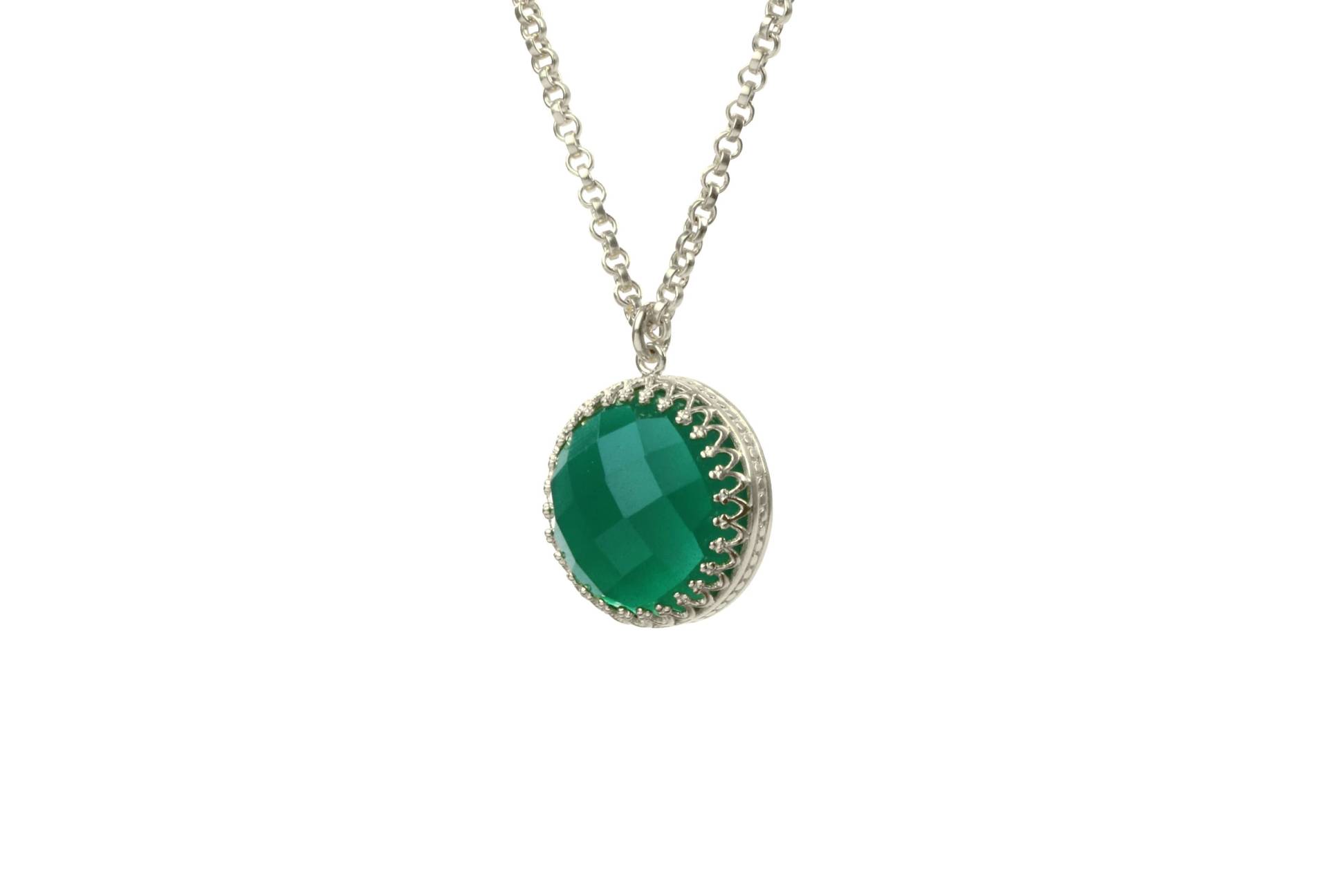 sterling Silber Grün Onyx Halskette 925Er Anhänger Grüner Edelstein Smaragd Farbe Lange von AnemoneJewelry