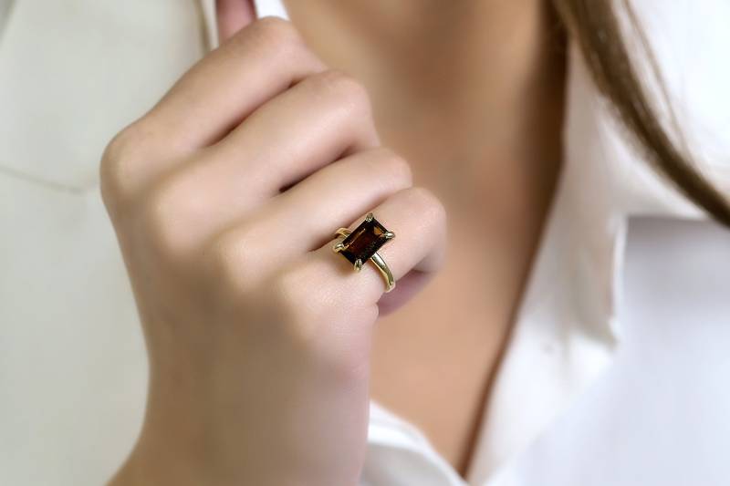 Rauchquarz Ring Brauner Goldring Ringe Anpassen Gravierter Stapelring Gold Edelstein von AnemoneUnique