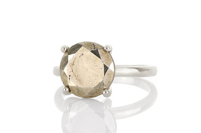 Roher Pyrit Edelstein Ring Sterling Silber Eisen Runder Solitär Weißgold Cocktail von AnemoneUnique