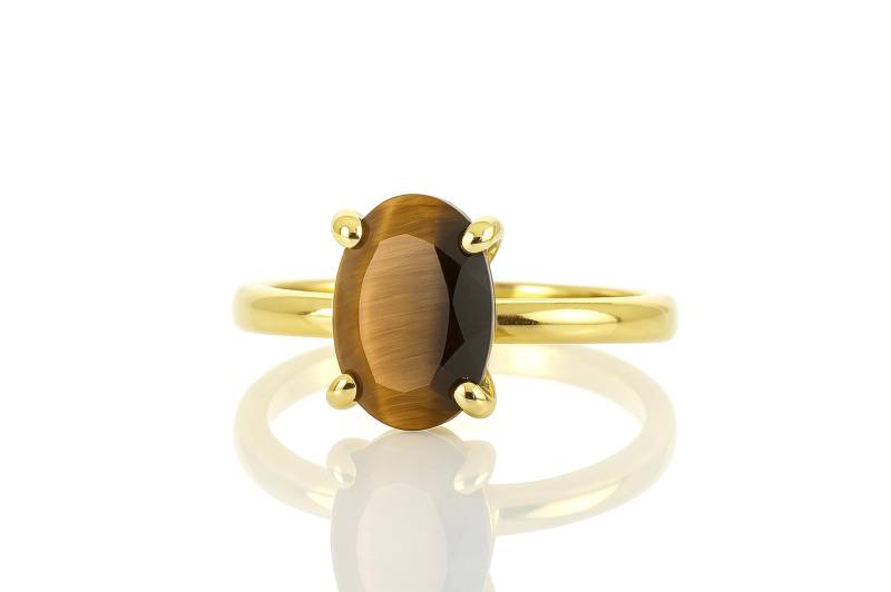 Tigerauge Ring Solitär Oval Edelstein Gold Stapelring 18K Vermeil Stein Halbedelstein von AnemoneUnique