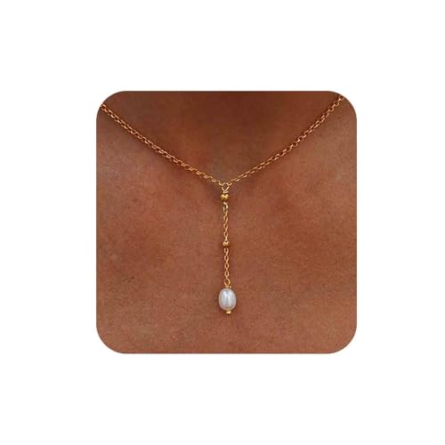 Aneneiceera Bohème Perle Y Tropfen Halskette Weiß Perle Y Lariat Halskette Satellit Kette Quaste Halskette Gold Minimalistische Halskette Kette Schmuck Für Frauen (Gold) von Aneneiceera