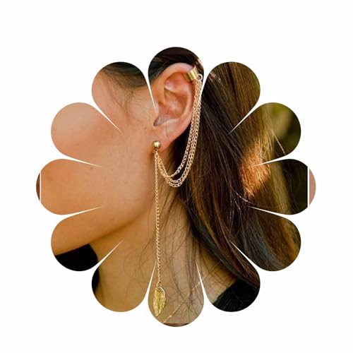Aneneiceera Boho Blatt Quaste Kette Ohr Manschette Ohrringe Ohrstecker Gold Winzigen Blatt Tropfen Ohrringe Lange Anweisung Baumeln Kette Wickeln Clip Auf Ohrringe Schmuck Für Frauen Und Mädchen(Gold) von Aneneiceera