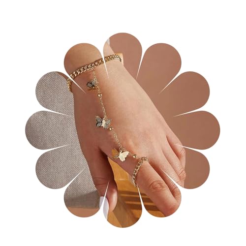 Aneneiceera Boho Finger Ring Schmetterling Armband Schichtung Gold Schmetterling Hand Kette Gold Finger Ring Schmetterling Armband Armreif Braut Handstück Hand Harness Schmuck Für Frauen Und Mädchen von Aneneiceera