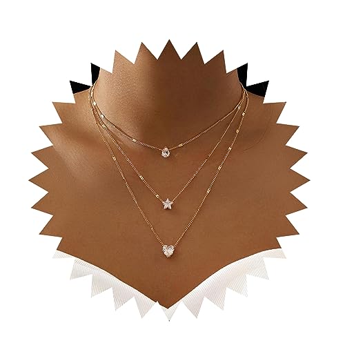 Aneneiceera Boho Geschichtet Glänzender Strass Stern Halskette Wassertropfen Kristall Liebe Anhänger Choker Halskette Goldkette Mehrschichtige Halskette Schmuck für Frauen Mädchen(Gold) von Aneneiceera