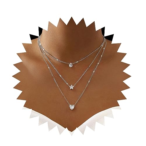 Aneneiceera Boho Geschichtet Glänzender Strass Stern Halskette Wassertropfen Kristall Liebe Anhänger Choker Halskette Silberkette Mehrschichtige Halskette Schmuck für Frauen Mädchen(Silber) von Aneneiceera