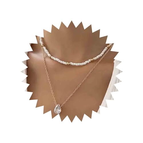 Aneneiceera Boho Geschichtet Perlen Choker Halskette Kette Wassertropfen Strass Halsketten Vintage Gold Geschichtet Teardrop Kristall Anhänger Halskette Weiß Perlen Strang Halskette Schmuck Für Frauen von Aneneiceera