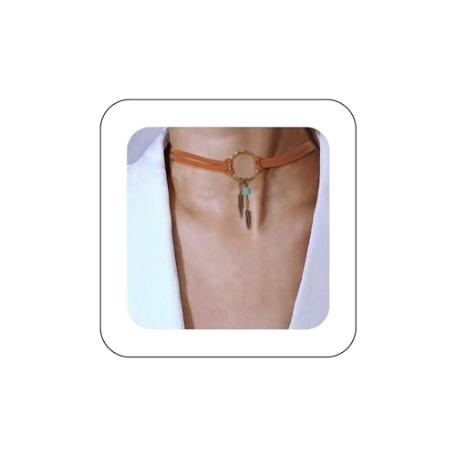 Aneneiceera Boho Geschichtet Wildleder Choker Halskette Blatt Anhänger Halskette Kette Braun O Ring Leder Choker Halskette Vintage Halskette Schmuck Geschenke für Frauen und Mädchen von Aneneiceera