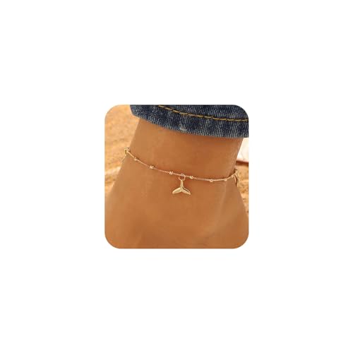 Aneneiceera Boho Goldfischschwanz Fußkettchen Armband Gold Winzige Perlen Satellitenkette Meerjungfrauenschwanz Anhänger Fußkette Minimalistisch Hawaiianischer Strandschwanz Fußkette Schmuck Frauen von Aneneiceera