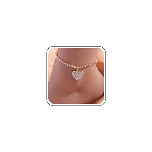 Aneneiceera Boho Kristall Herz Fußkettchen Armband Strass Herz Knöchel Armbänder Gold Tennis Kette Fußkettchen Glanz Sommer Liebe Fuß Kette Fußkettchen Schmuck Für Frauen Und Mädchen (Gold) von Aneneiceera