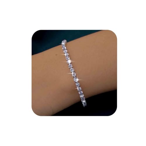 Aneneiceera Boho Kristall Kette Armband Silber 1 Reihe Tennis Kette Armband Cz Strass Hand Kette Armband Glanz Braut Kubischer Kristall Armband Hand Kette Schmuck Für Frauen (silber) von Aneneiceera