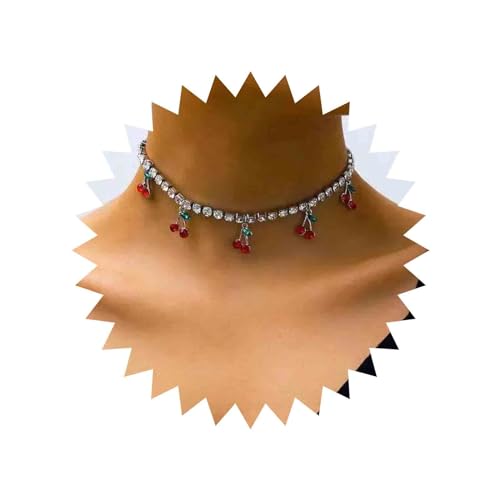 Aneneiceera Boho Kristall Kirsche Choker Halskette Kette Vintage Strass Choker Silber Kirsche Obst Anhänger Halskette Hochzeit Brautjungfern Tennis Kette Choker Schmuck Für Frauen Und Mädchen von Aneneiceera