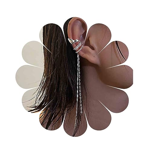 Aneneiceera Boho Lange Kreis Manschette Ohrringe Silber Lange Kette Baumeln Ohrringe Klobige Kreis Ohrmanschette Ohrringe Helix Kette Nicht Durchbohrt Clip Auf Ohrringe Schmuck Für Frauen Und Mädchen von Aneneiceera