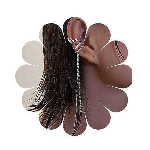 Aneneiceera Boho Lange Kreis Manschette Ohrringe Silber Lange Kette Baumeln Ohrringe Klobige Kreis Ohrmanschette Ohrringe Helix Kette Nicht Durchbohrt Clip Auf Ohrringe Schmuck Für Frauen Und Mädchen von Aneneiceera