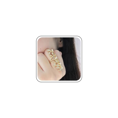 Aneneiceera Boho Lange Kristall Blatt Ring Gold Cz Volle Finger Strass Spirale Verdreht Lange Großes Blatt Blume Vintage Erklärung Ring Schmuck Für Frauen Mädchen (Gold) von Aneneiceera