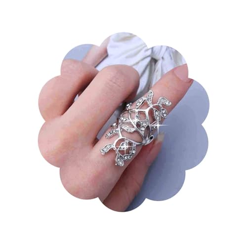 Aneneiceera Boho Lange Kristall Blatt Ring Silber Cz Volle Finger Strass Spirale Verdreht Lange Großes Blatt Blume Vintage Erklärung Schmuck Für Frauen Mädchen (Silber) von Aneneiceera
