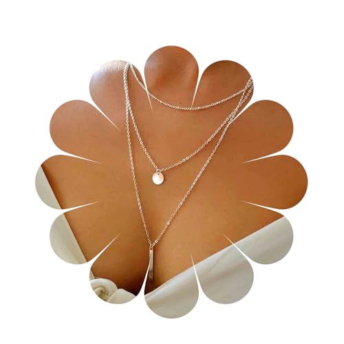 Aneneiceera Boho Layered Bar Coin Halskette Pailletten Choker Silber Round Disc Halskette Bar Anhänger Mehrschichtige Halskette Kette Hochzeitsschmuck Lange Halsketten für Frauen und Mädchen Geschenk von Aneneiceera