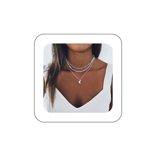 Aneneiceera Boho Layered Moon Anhänger Halskette Silber Einfache Kette Choker Mehrschichtige Halsketten Modeschmuck Verstellbare Hochzeitsaccessoires Geschenk für Frauen und Mädchen von Aneneiceera