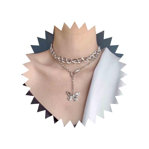 Aneneiceera Boho Layered Schmetterling Halskette Dicke Kette Choker Silber Y Halskette Schmetterling Anhänger Mehrschichtige Halskette Schlüsselbeinkette Hochzeitsschmuck Lange Halsketten als Geschenk von Aneneiceera