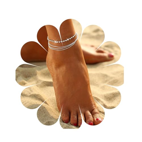 Aneneiceera Boho Layered Strass Fußkettchen Silber Diamant Kristall Fußkettchen Sommer Strand Fußkette Hochzeitsschmuck für Frauen und Mädchen Geschenke von Aneneiceera