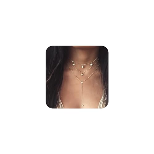 Aneneiceera Boho Layered Strass Stern Anhänger Halskette Gold Einfache Kette Choker Mehrschichtige Kristall Halsketten Modeschmuck Verstellbare Hochzeitsaccessoires Geschenk für Frauen und Mädchen von Aneneiceera