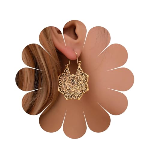 Aneneiceera Boho Mandala Blumen Ohrringe Gold Tropfen Baumeln Ohrringe Retro Tribal Baumeln Ohrringe Statement Nightclub Prom Ethnische Reifen Ohrringe Schmuck Für Frauen Und Mädchen (gold) von Aneneiceera