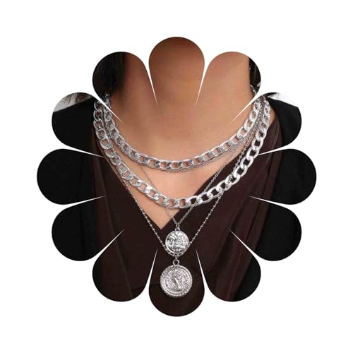 Aneneiceera Boho Mehrschichtige Münze Halskette Vintage Silber Klobige Link Kubanische Kette Choker Rock Aussage Geschichtet Münze Halskette Scheibe Charme Schmuck Für Frauen Und Mädchen (Silber) von Aneneiceera