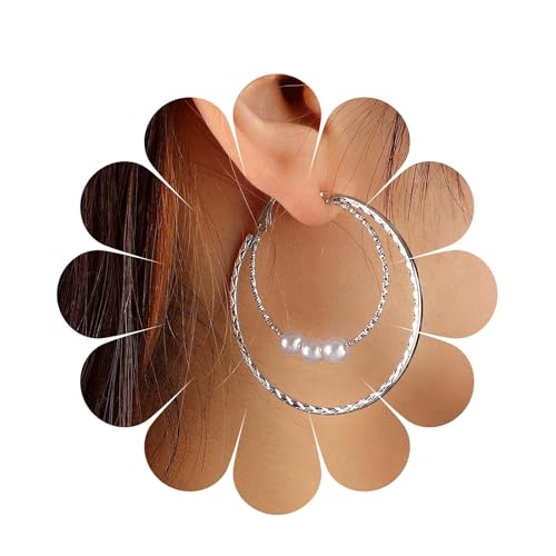 Aneneiceera Boho Perle Reifen Tropfen Ohrringe Silber Doppelte Runde Reifen Baumeln Ohrringe Oval Wasser Ohrringe Hochzeit Braut Perle Ohrringe Erklärung Hohlen Kreis Perlenohrringe Für Frauen von Aneneiceera