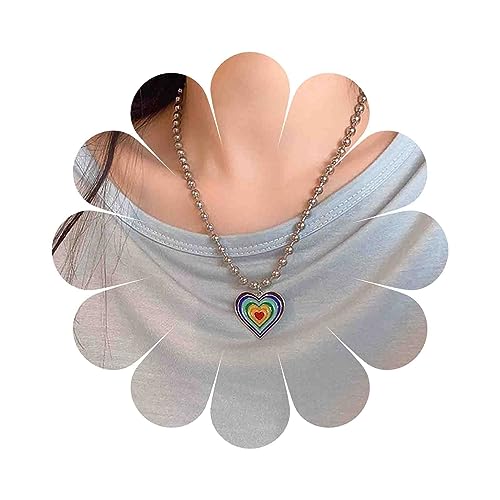 Aneneiceera Boho Regenbogen Herz Anhänger Halskette Bunte Herz Choker Halskette Multi Farbe Liebe Herz Halskette Silber Metall Kugel Perle Kette Halskette Schmuck Für Frauen Und Mädchen von Aneneiceera