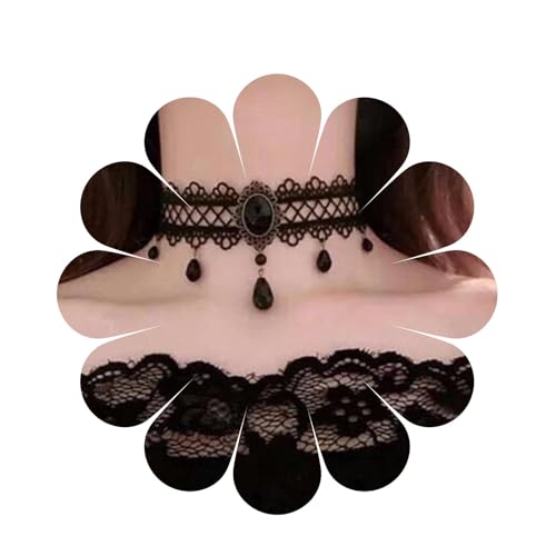 Aneneiceera Boho Schwarzer Kristall Spitze Choker Halskette Schwarze Tränen Perle Anhänger Halskette Gothic Tropfen Kragen Halskette Retro Vintage Halskette Kette Schmuck Geschenke(schwarz C) von Aneneiceera