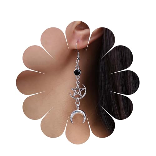 Aneneiceera Boho Stern Mond Ohrringe Silber Lang - Pentagramm Rund Onyx Fünf Spitze Stern Wicca Schmuck Für Frauen Und Mädchen (Stil C) von Aneneiceera