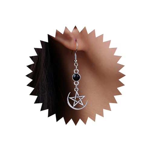 Aneneiceera Boho Stern Mond Ohrringe Silber Lang Pentagramm Mond Ohrringe Rund Onyx Ohrringe Fünf Spitzen Stern Ohrringe Wicca Pentagramm Ohrringe Schmuck Für Frauen Und Mädchen (Stil A) von Aneneiceera