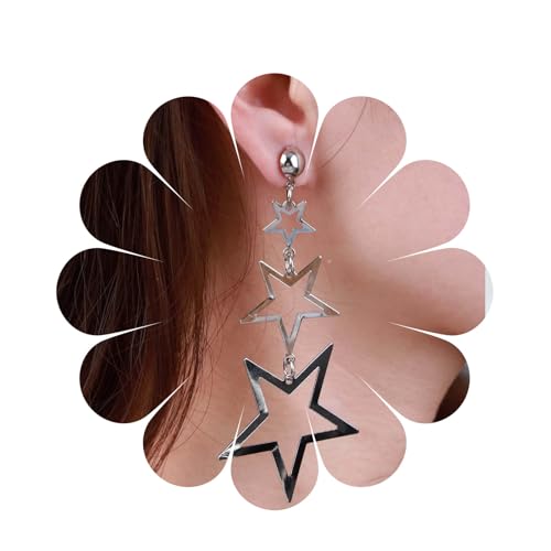 Aneneiceera Boho Stern Tropfen Ohrringe Quaste Stern Baumeln Ohrringe Silber Dreifachstern Ohrringe Große Meteor Glücksstern Pentagramm Ohrringe Punk Aussage Hohlen Stern Ohrringe Schmuck Für Frauen von Aneneiceera