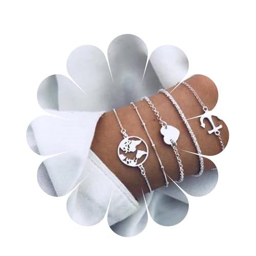 Aneneiceera Einfache Liebe Pailletten Armband Anker Handkette Boho Weltkarte Silber Blumenkohl Kette Armbänder Handkette Set Schmuck Geschenke Für Frauen Teenager-Mädchen 5-teiliges Set von Aneneiceera