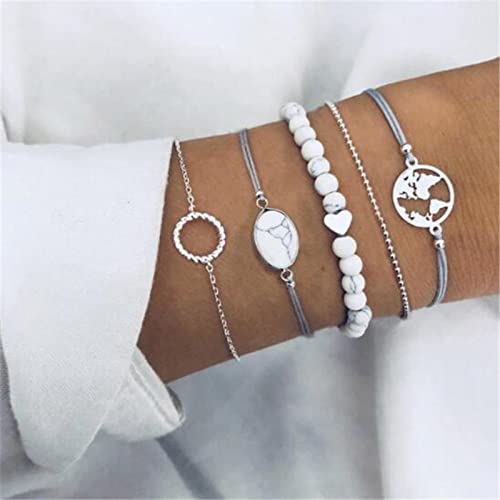 Aneneiceera Einfache Weltkarte Armband Kreis Handkette Boho Runde Perlen Silber Marmor Perlen Armbänder Set Schmuck Geschenke Für Frauen Teenager-Mädchen 5-teiliges Set von Aneneiceera