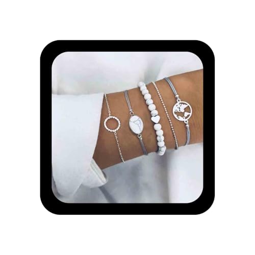 Aneneiceera Einfache Weltkarte Armband Kreis Handkette Boho Runde Perlen Silber Marmor Perlen Armbänder Set Schmuck Geschenke Für Frauen Teenager-Mädchen 5-teiliges Set von Aneneiceera