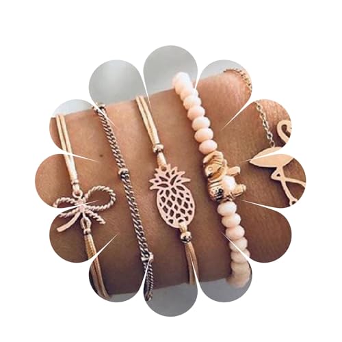 Aneneiceera Einfaches Flamingo Armband Elefant Handkette Boho Rosa Perlen Gold Fliege Armbänder Ananas Handkette Set Schmuck Geschenke Für Frauen Teenager-Mädchen 5er Set von Aneneiceera