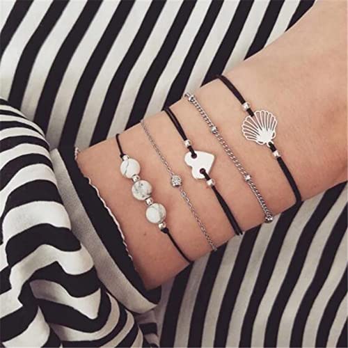 Aneneiceera Einfaches Liebesarmband Durchbrochene Muscheln Handkette Boho Schwarzes Seil Handkette Silber Marmor Perlen Armbänder Set Schmuck Geschenke Für Frauen Teenager Mädchen 5er Set von Aneneiceera