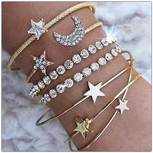 Aneneiceera Mond Stern Armband Handkette Boho Strass Offene Manschette Gold Armbänder Set Hochzeit Schmuck Geschenke Für Frauen Teenager-Mädchen 4-teiliges Set (Gold) von Aneneiceera