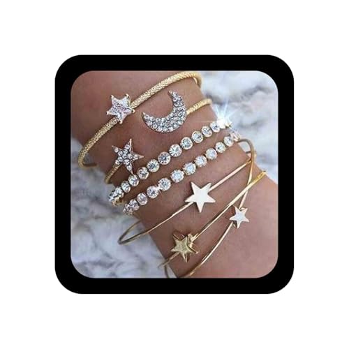 Aneneiceera Mond Stern Armband Handkette Boho Strass Offene Manschette Gold Armbänder Set Hochzeit Schmuck Geschenke Für Frauen Teenager-Mädchen 4-teiliges Set (Gold) von Aneneiceera
