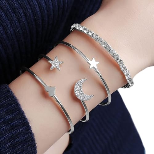 Aneneiceera Mond Stern Armband Handkette Boho Strass Offene Manschette Silber Armbänder Set Hochzeit Schmuck Geschenke Für Frauen Teenager-Mädchen 4-teiliges Set (Silber) von Aneneiceera