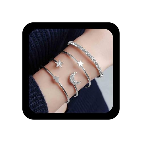 Aneneiceera Mond Stern Armband Handkette Boho Strass Offene Manschette Silber Armbänder Set Hochzeit Schmuck Geschenke Für Frauen Teenager-Mädchen 4-teiliges Set (Silber) von Aneneiceera