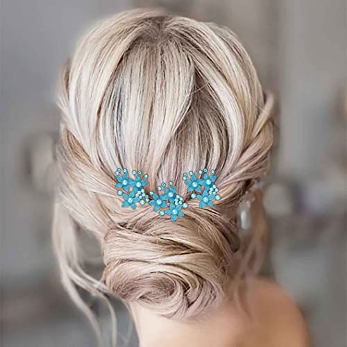 Aneneiceera Perle Braut Hochzeit Haarnadeln Blau Perle Haarteil Braut Blume Kopfbedeckungen Brautjungfer Haar Zubehör Für Frauen Und Mädchen (Packung Mit 3)(blau) von Aneneiceera