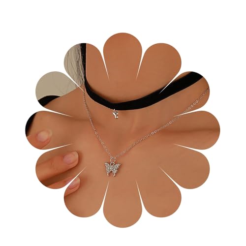 Aneneiceera Punk Geschichtet Schmetterling Choker Halskette Vintage Schwarzer Samt Choker Silber Kette Kristall Schmetterling Anhänger Aussage Schmetterling Halskette Für Frauen Und Mädchen (Stil B) von Aneneiceera
