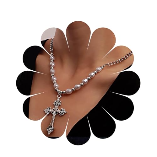 Aneneiceera Punk Kreuz Perle Choker Halskette Gothic Kreuz Kreuz Anhänger Halskette Kuba Kette Silber Perle Perlen Halskette Großes Kreuz Halskette Charme Ästhetischer Schmuck Für Frauen Und Mädchen von Aneneiceera