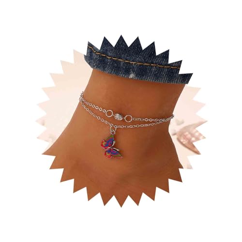 Aneneiceera Schmetterling Fußkettchen Boho Silber Geschichtet Bunten Schmetterling Anhänger Knöchel Kette Einzigen Winzigen Kristall Schmetterling Strand Schmetterling Anhänger Fuß Kette Für Frauen von Aneneiceera